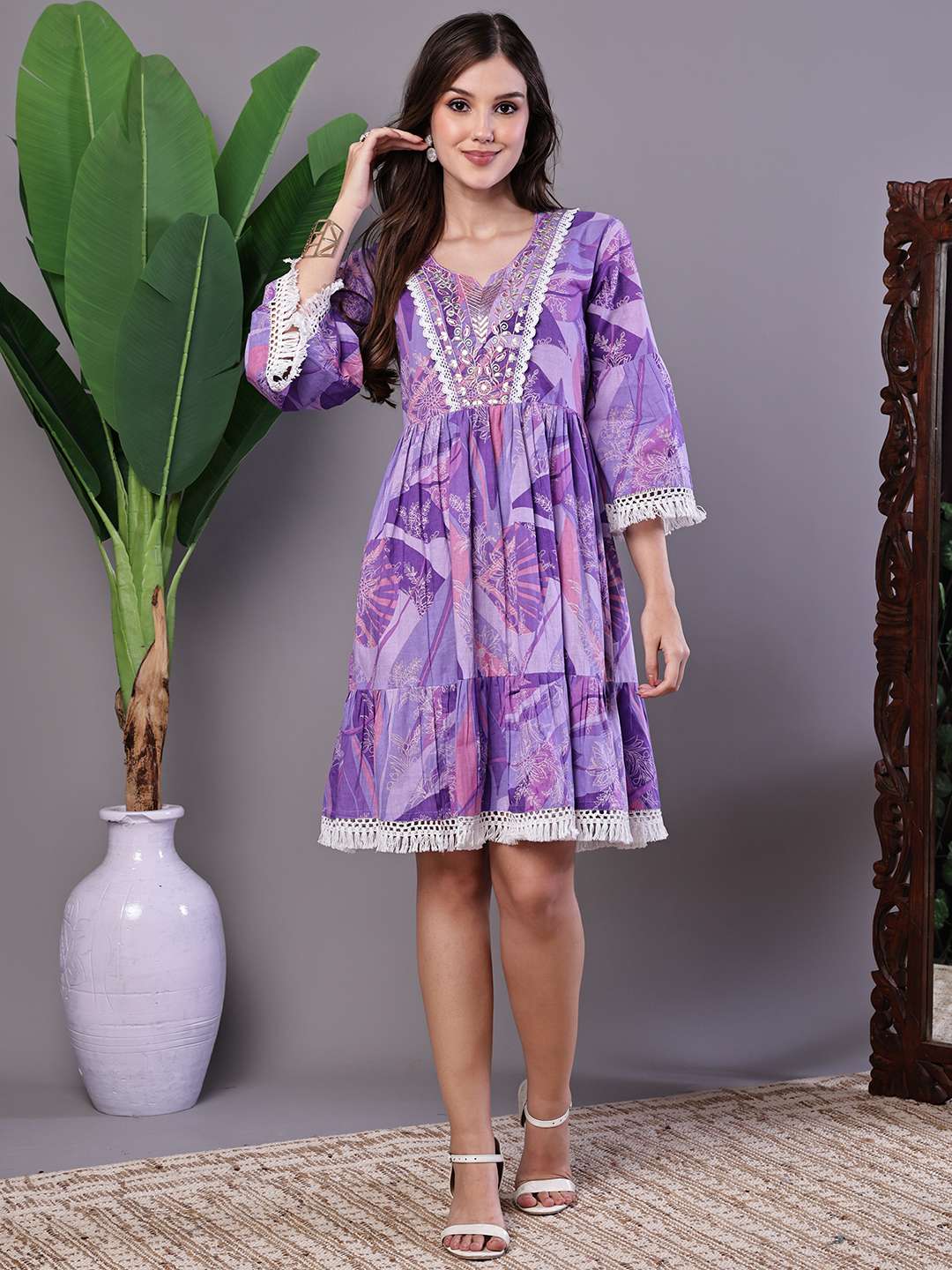 Wome's Purple Floral Cotton A-Line Dress with Lace Detailing Midi Dresses - Image 3